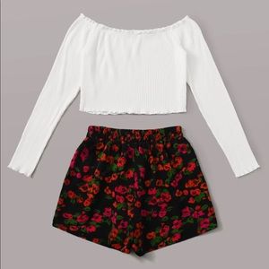 SHEIN Plus Lettuce Trim Bardot Tee & Floral Shorts